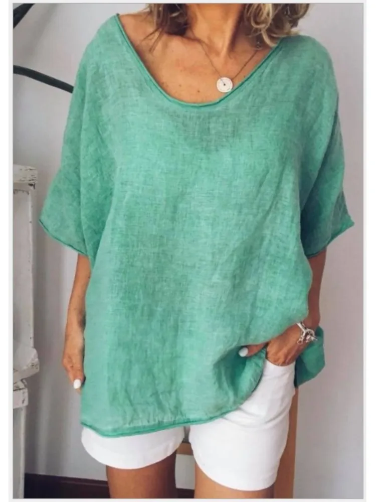 

Summer Casual Basic Model Tops Fashion V-neck Short Sleeves Loose Blouses Spring Beautiful Comfort Solid Color Shirt For Ladies