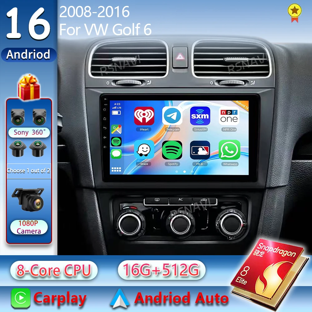 Android 16 Carplay Car Radio For Volkswagen Golf 6 2008 2009 - 2016 Navigation GPS Multimedia Player stereo BT wifi+4G Auto 2DIN