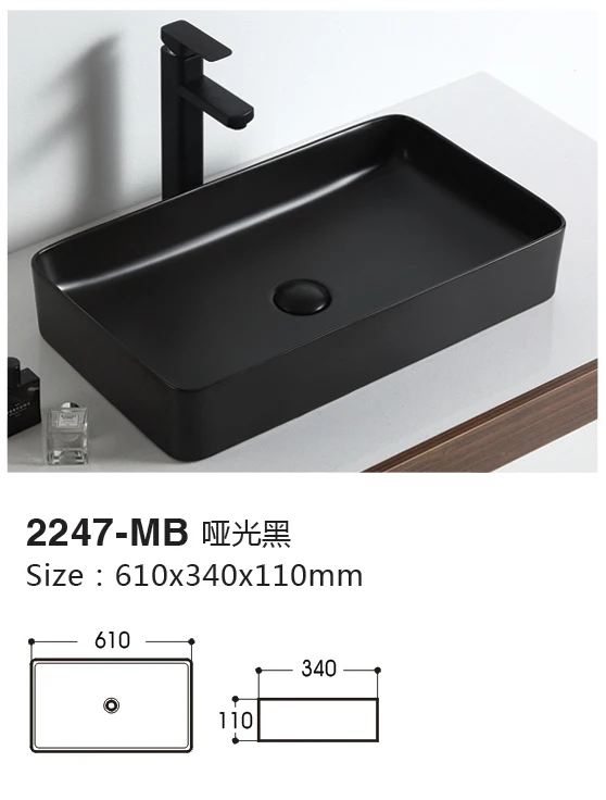 Bathroom Rectangular Shape Ceramic No Hole Matte Black Wash Basin Countertop Triangle Sink Under Counter Hand Basins Basin