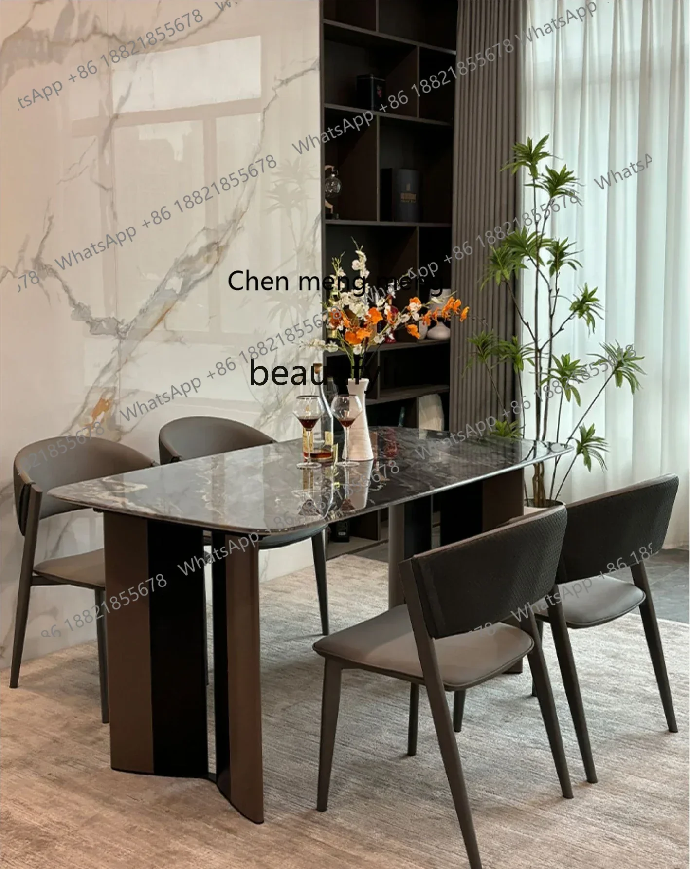 178Natural marble dining table household rectangular supercrystalline stone luxury stone dining table and chair combination