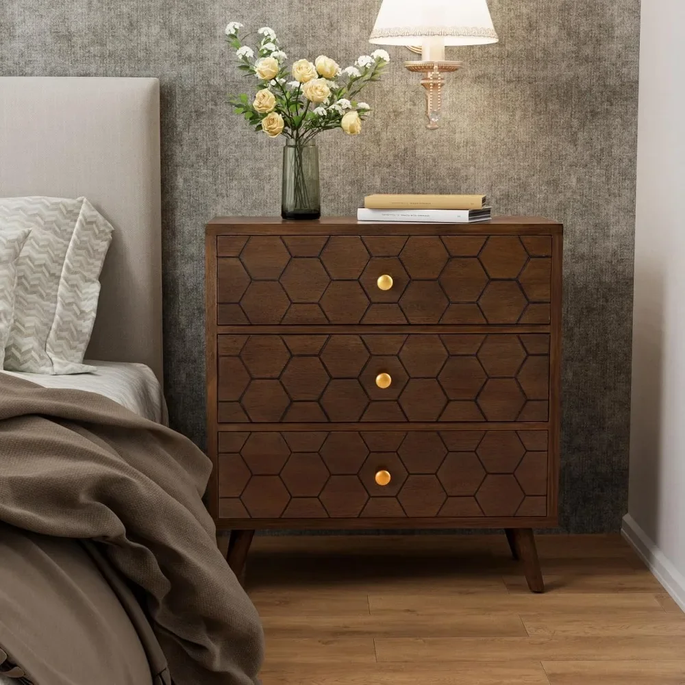 Modern End Table w 3 Storage Drawers, Night Stand w Honeycomb Pattern, Small Wood Chest, Accent Cabinet for Bedroom, Living Room