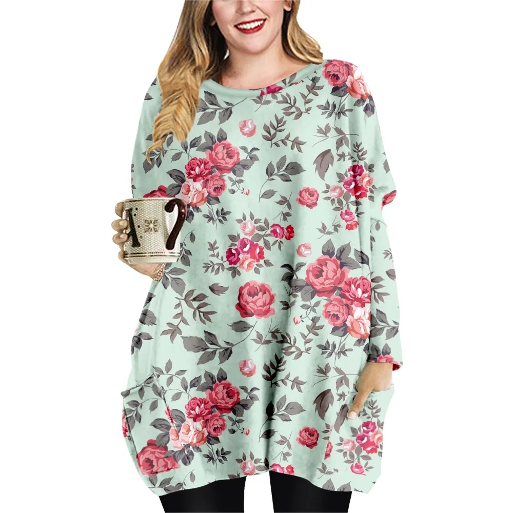 Nieuwe Rozen Print Lente Herfst Losse Casual Stijl Dames T-shirt Dubbele Pocket Jurk Ronde Hals Lange Mouw Jurk-