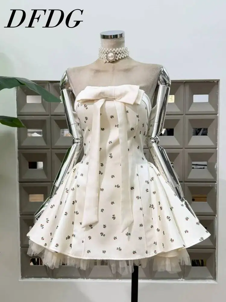 

DFDG Women 2026 Spring Summer Floral Strapless Mini Dress Bow Decor Ruched Waist Fluffy Tulle Hem Elegant Party Cocktail Dress