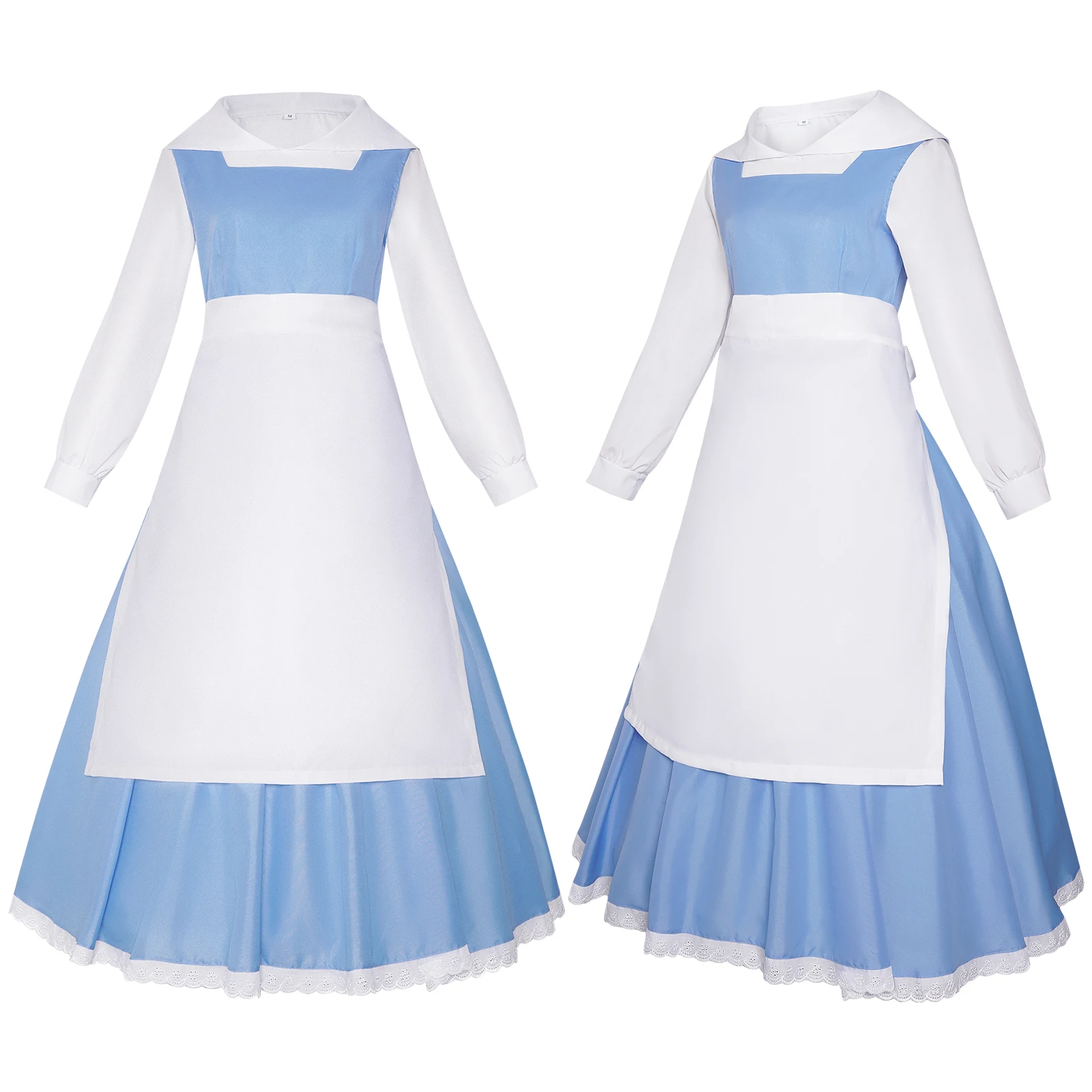 

Explosion Princess Belle Maid Costume Blue and White Dress + Apron Headdress Set Halloween Party Lolita Costume