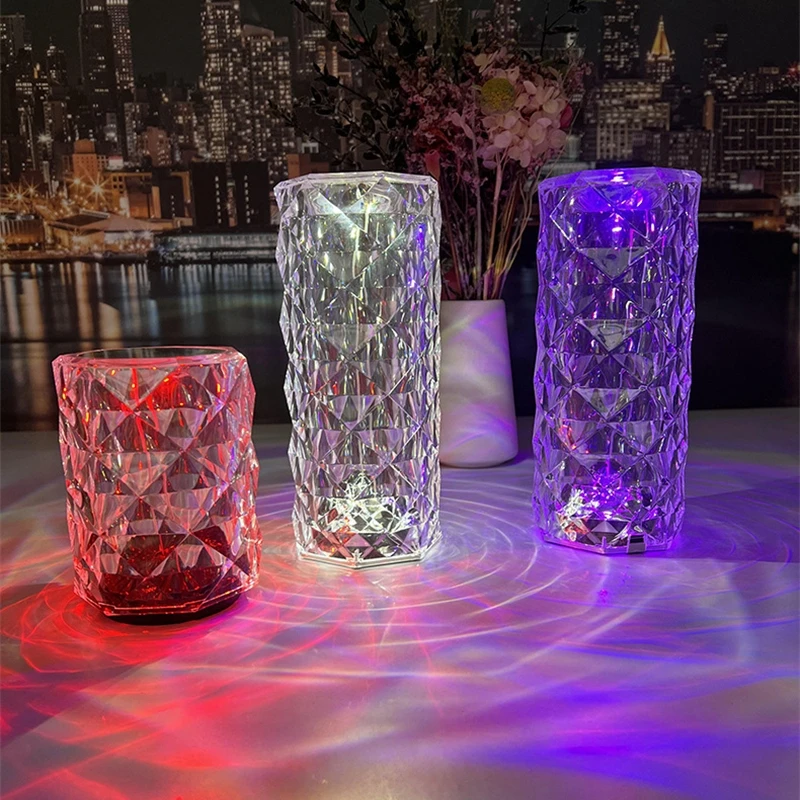 Diamond Rose LED Crystal Table Lamp 3/16 Colors Dimmable Touch USB Projector Lamp Atmosphere Bedroom Bedside Decor Night Lights