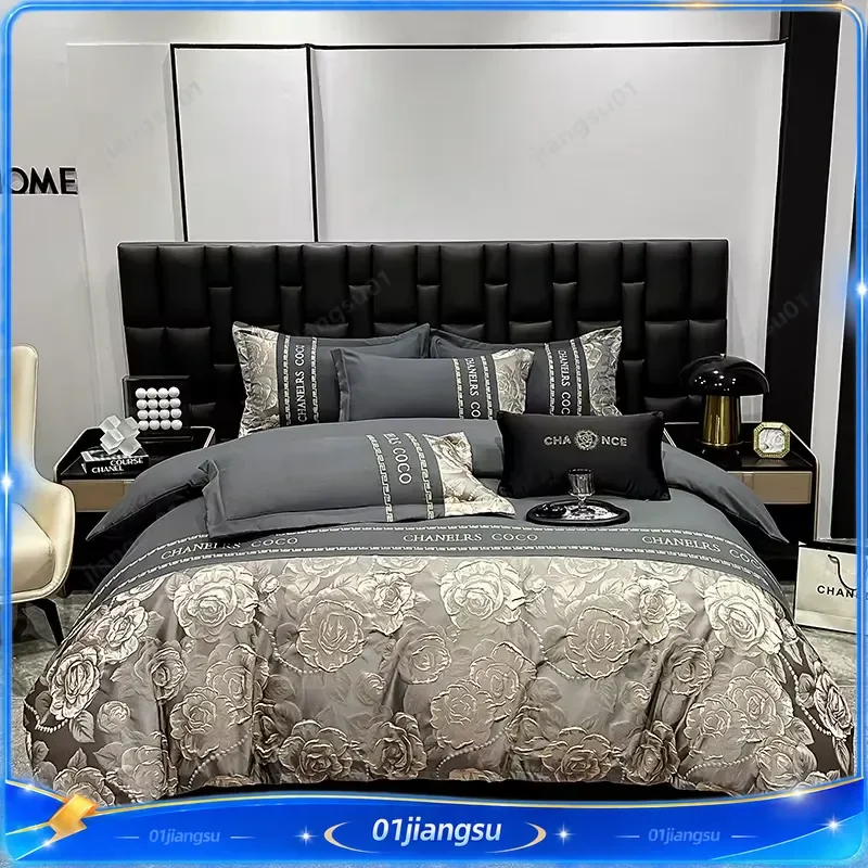 Golden Relief Flowers Jacquard Embroidery Bedding Set King Queen Size Duvet Cover Fitted Sheet Pillowcases Luxury Home