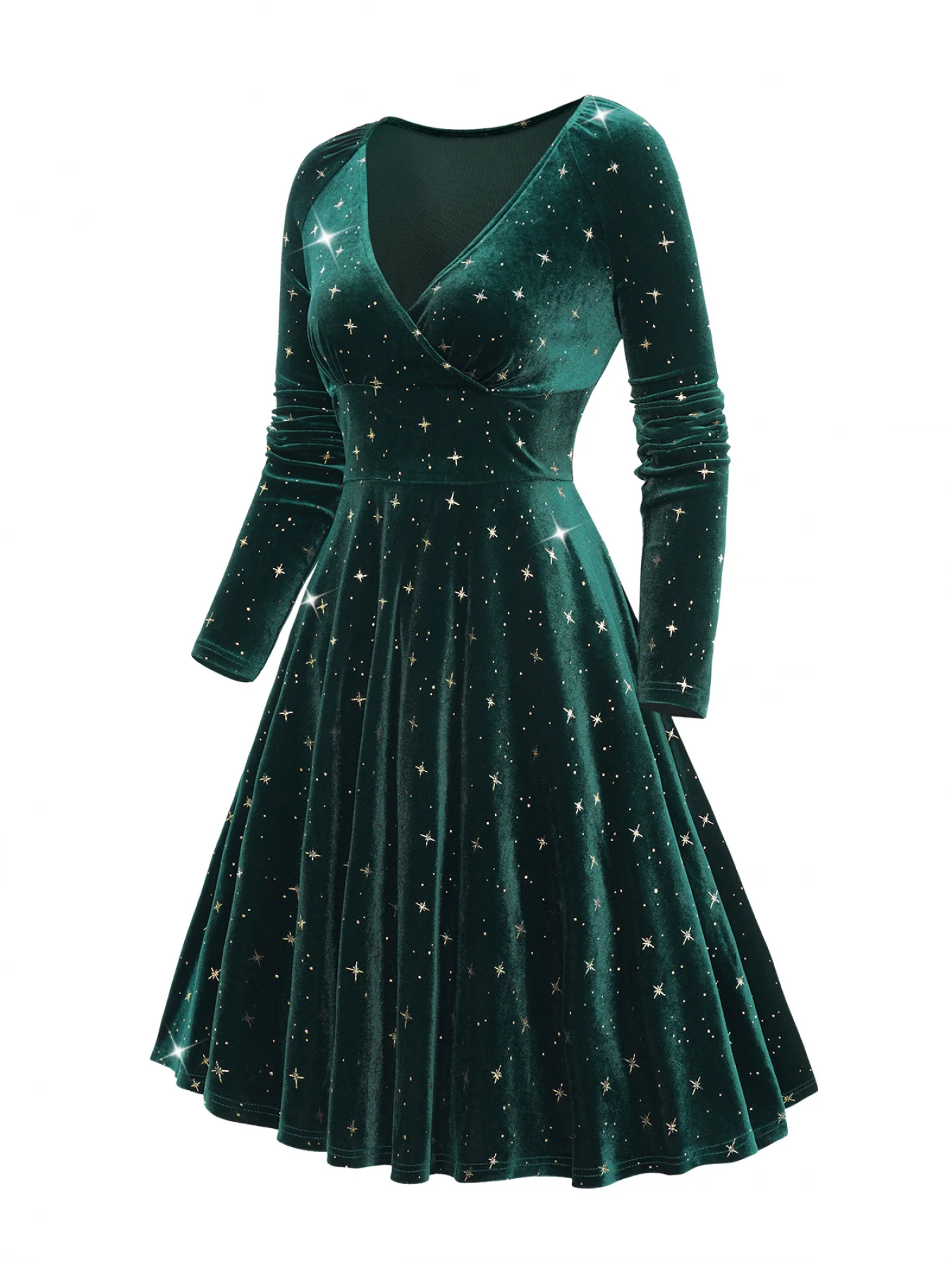 European and American fashion women\'s dress decorated with star print wrapped in elastic shoulder velvet long sleeve dress