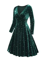 European and American fashion women's dress decorated with star print wrapped in elastic shoulder velvet long sleeve dress
