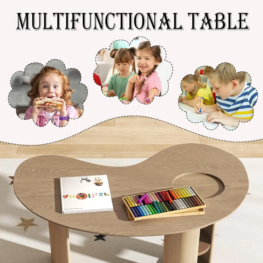 طاولة نصف قمر للأعمار من 3 إلى 8 سنوات، مكتب أنشطة خشبي مع مساحة تخزين للفصول الدراسية لمرحلة ما قبل المدرسة، طاولة لعب على شكل كلى للأطفال الصغار 29 وات