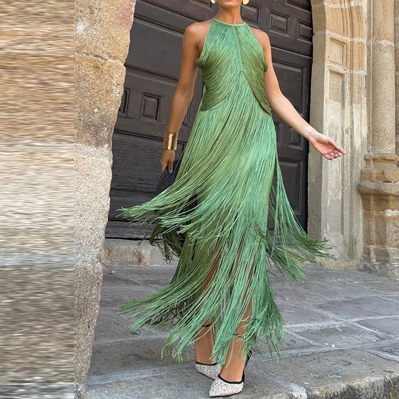 エレガントなタッセルスプライシングソリッドガウンワンピース レディースファッション ハイウエスト ノースリーブ ロングドレス 2025 セクシー バックレス スリム イブニングドレス