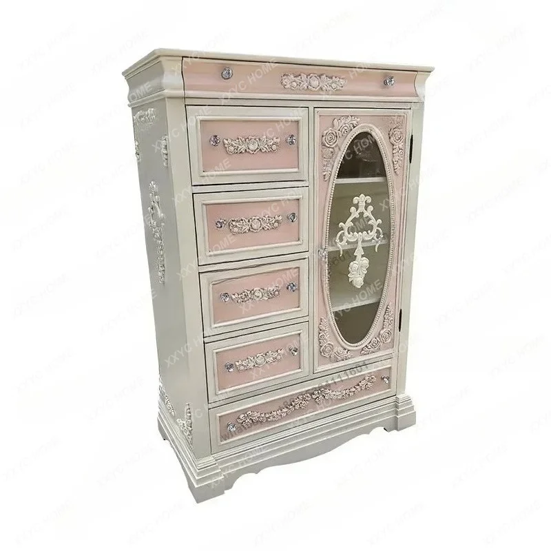 XXSolid Wood Bedroom Drawer Storage Double Door Wardrobe Vintage Engraving