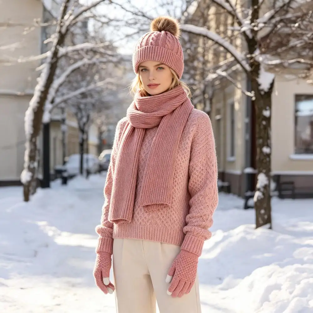 Thickened Thermal Accessories for Women Winter Hat Scarf Gloves Set Knitted Pom Pom Thermal Touchscreen for Men for Women