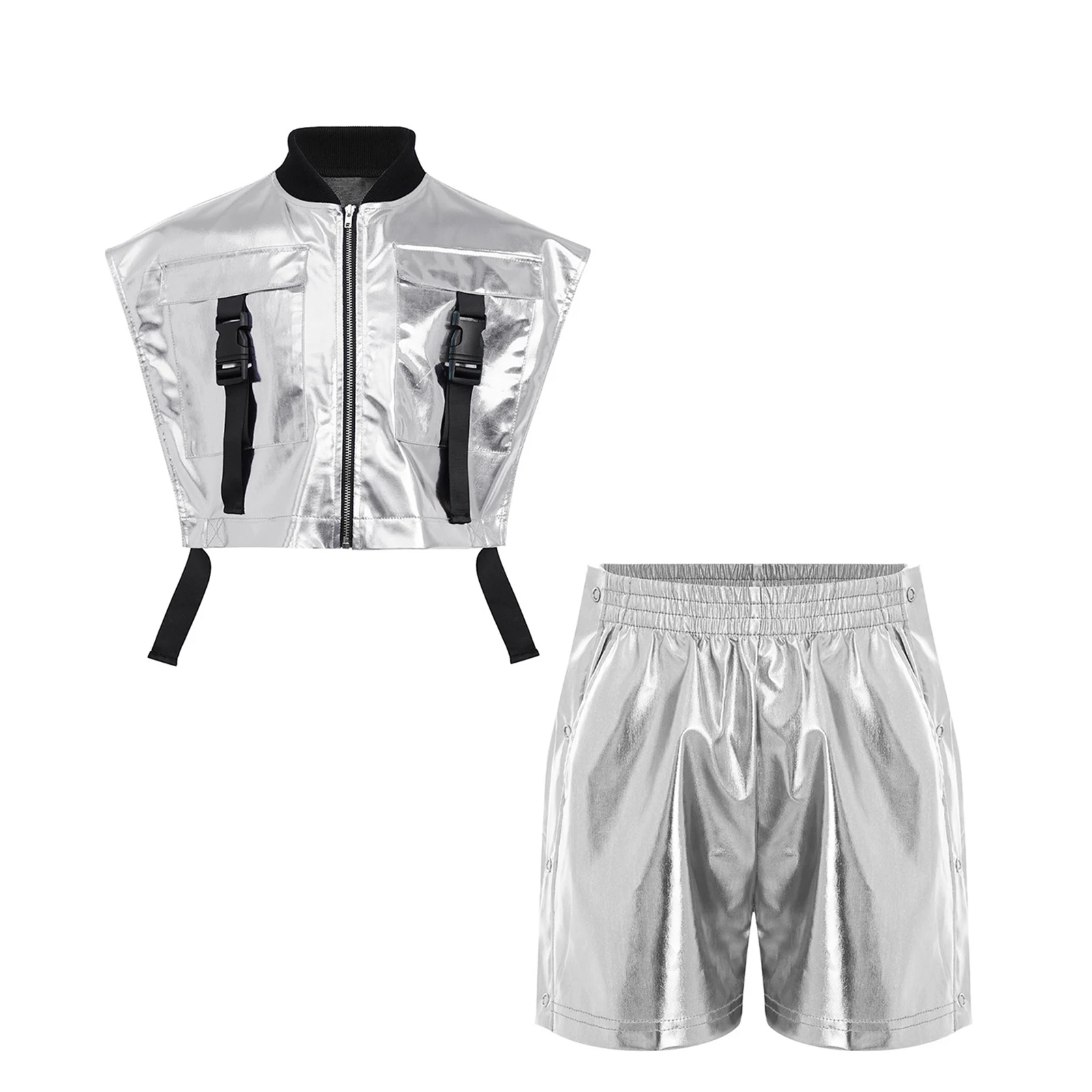 Kinder Mädchen Hip-Hop Jazz-Tanz-Outfit Aufführungskostüm mit seitlich geöffneter Metallweste mit Reißverschluss und seitlichen Druckknöpfen sowie glänzenden Shorts – Detail 3