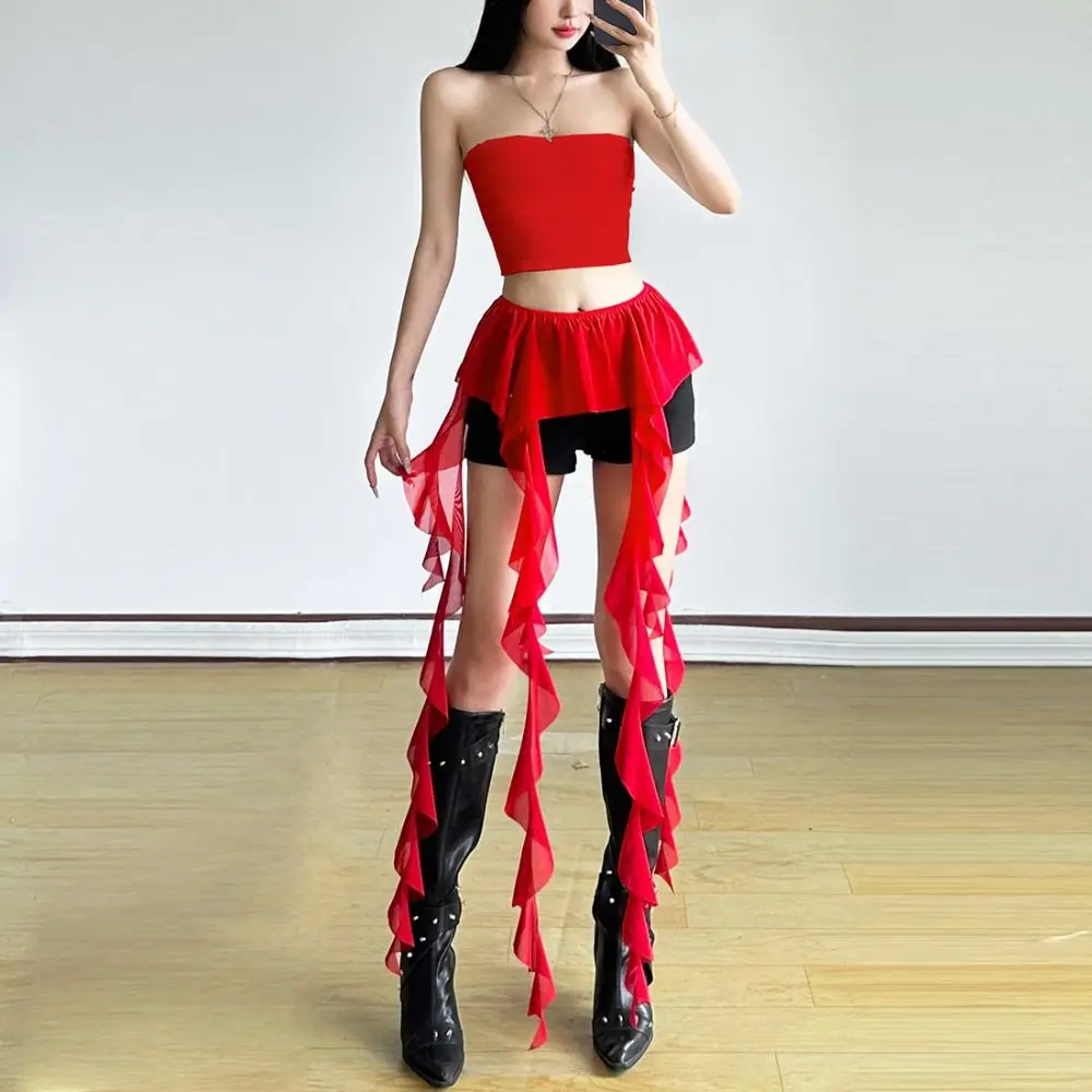 أحزمة مكشكشة غير منتظمة على الموضة للنساء ستارة طويلة Y2K ستارة الورك مثيرة شفافة من خلال تنورة صيفية صغيرة #3