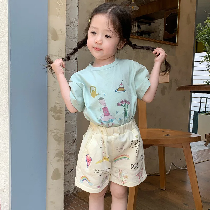 

Girls Blouse 2024 Summer New Childrens Clothes Korean Style Baby Girl Sweet Round Neck Short Sleeve Shirt Cartoon Casual Simple