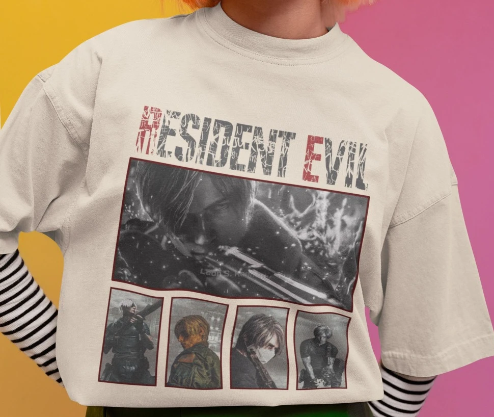 Resident Evil Leon patchwork T-shirt, loose-fitting, stylish, casual shirt, pure cotton all-season couple streetwear T-shirt.