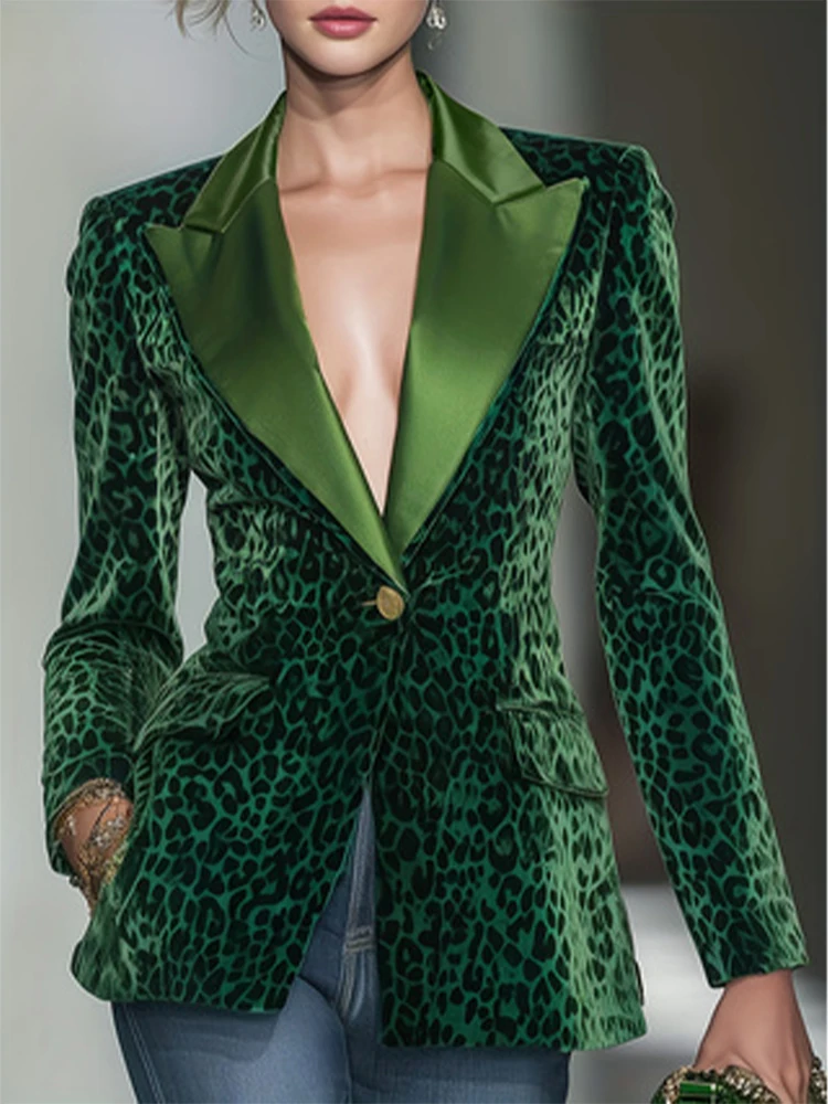 Samt-Blazer mit Leopardenmuster für Damen, Jacke, Knopf, Anzugkragen, Blazer, Mantel, Langarm, modische Damen-Oberbekleidung – Detail 1