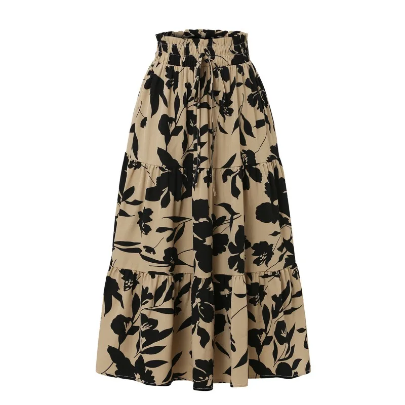 Women Floral Print Tiered Midi Skirt Elastic High Waist A Line Swing Skirt Summer Casual Dressy Outfit