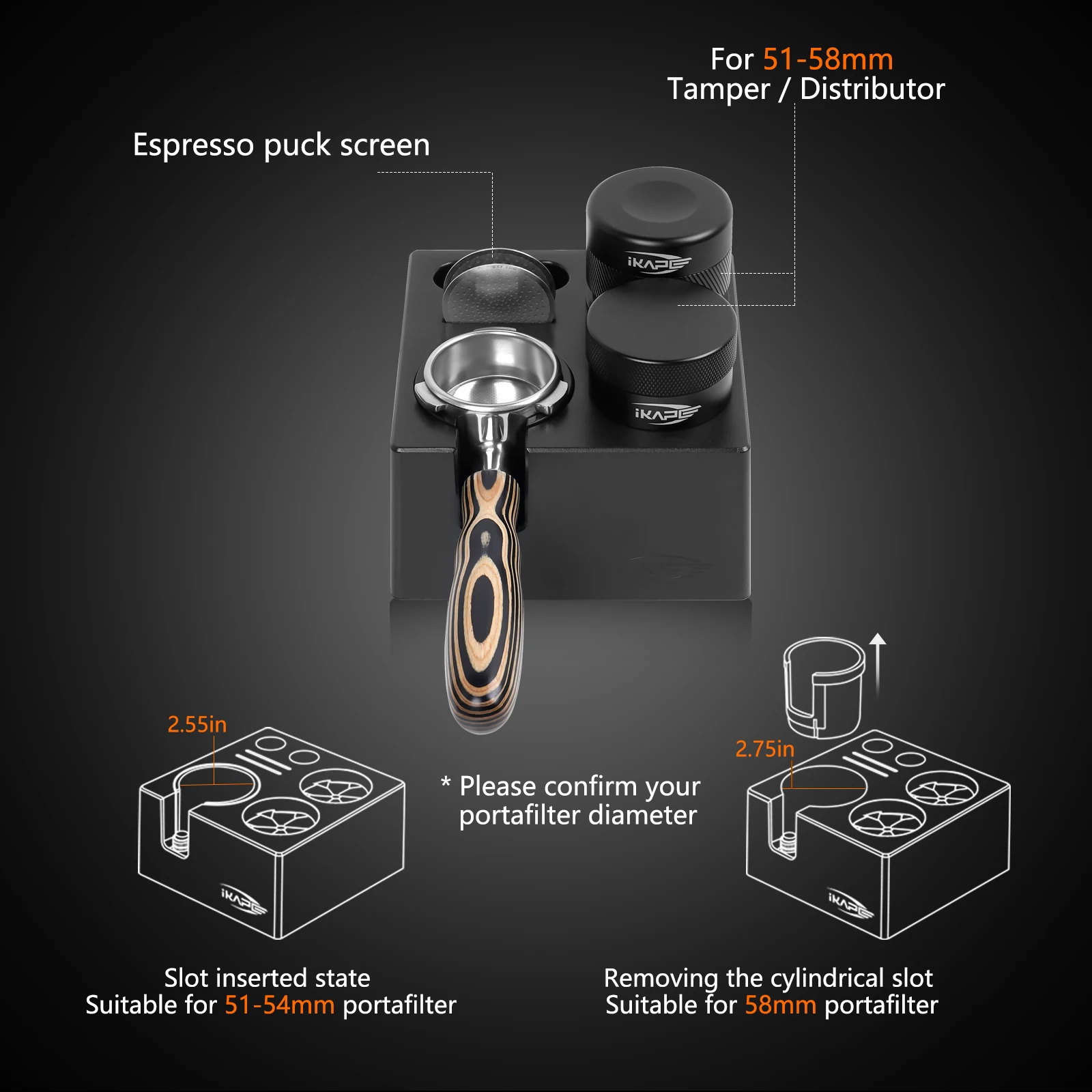 IKAPE Espresso Tamper Holder, ABS Coffee Tamper Station Base, Espresso Tamp Mat Stand Fit 51/54/58mm, Universal Size (7 in One)