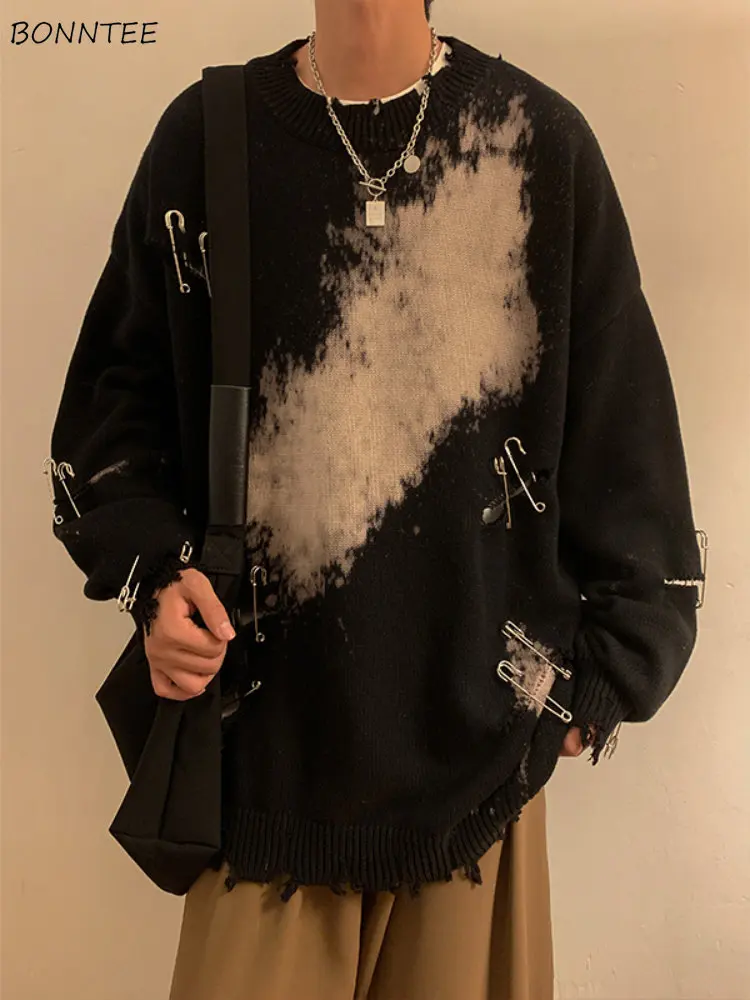 Suéter para hombre, ropa de punto, ropa de calle holgada Y2k para adolescentes, temperamento americano, diseño rasgado, Unisex, Hipster Chic, informal