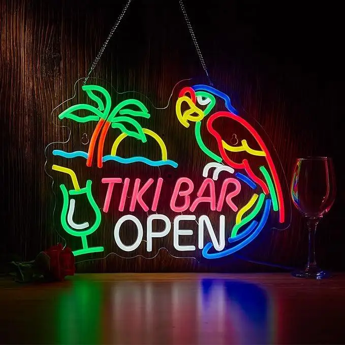 

Tiki Bar Open Neon Sign USB с регулируемой яркостью Светодиодные неоновые огни для бассейна, пляжного бара, бистро, магазина, паба, кафе, ресторана, игровой комнаты, декор