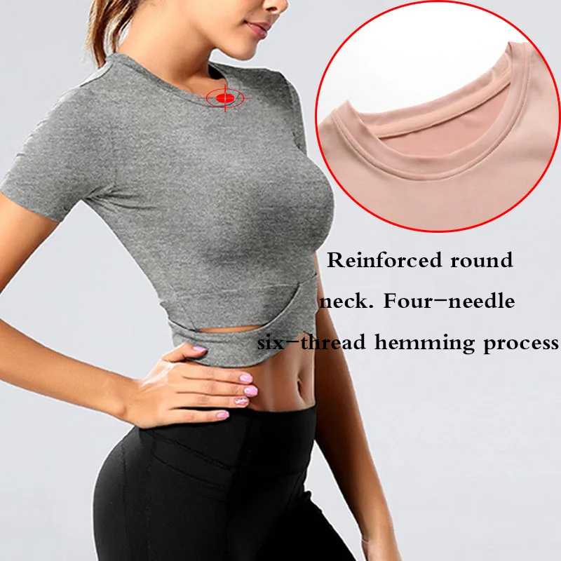 Aiithuug Sexy Waist Yoga Short Sleeve Crisscross Waist Breathable Gym Shirts Sports Tops Workout Fitness Crop Top Yoga Top