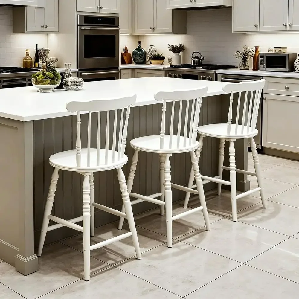 Set of 3 White Wooden Counter Height Bar Stools with Spindle Back and Turned Legs, Rustic Vintage Colonial Style for Kitchen Isl
