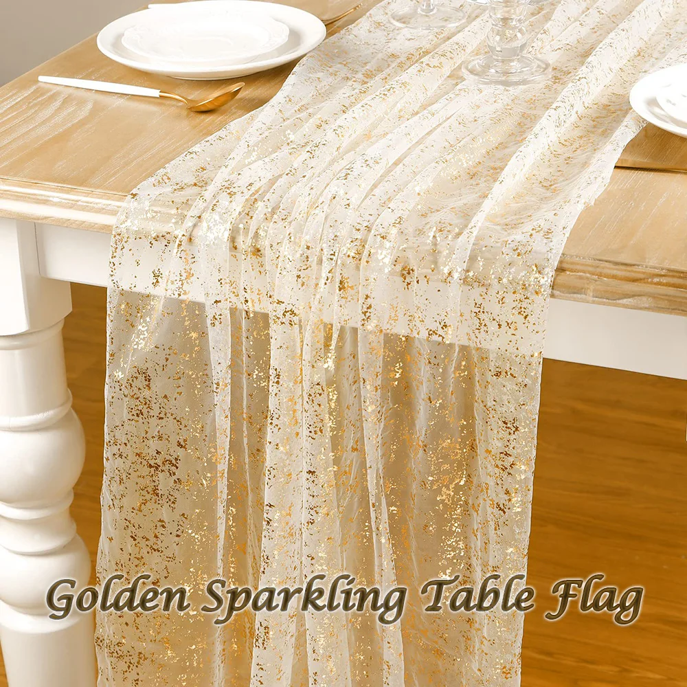 

70in x 157in Golden Sequin Glitter Table Runner Metallic Foil Chiffon Tulle Centerpiece for Wedding & Home Decoration