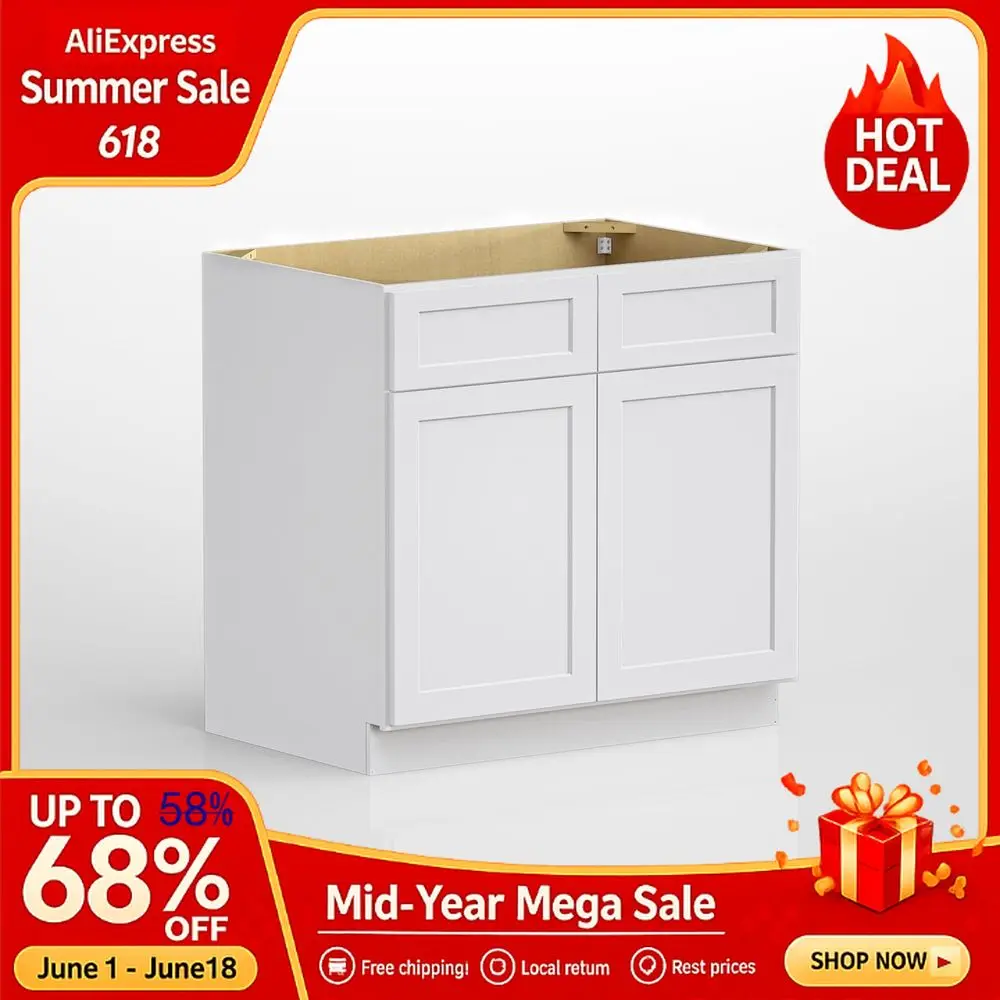 

36 Inch Sink Base Cabinet, White Shaker RTA Kitchen Cabinet with 2 Doors and False Drawer Fronts, Plywood Box, Soft Close,Custom