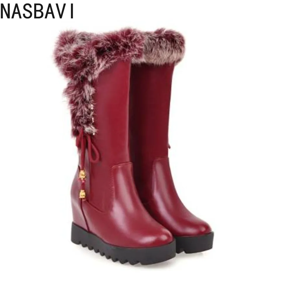 NASBAVI Winter Womens Snow Boots Warm Fur Mid Calf High Boots Lace-up Female Shoes Female Cute Padded Boots Zapatos De Mujer