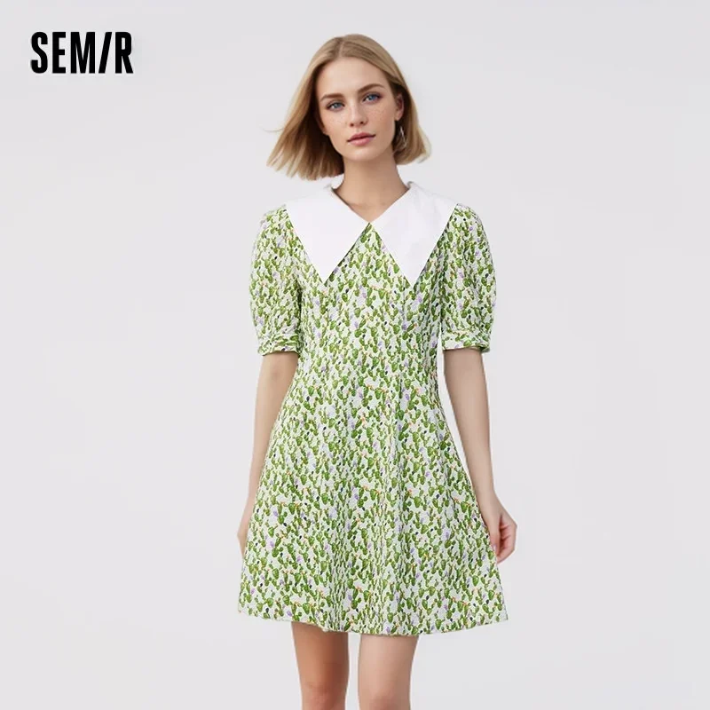 Semir 2024 Dress Women Contrast Color Big Lapel Summer New Full Print Waist Textured Skirt Fresh For Women