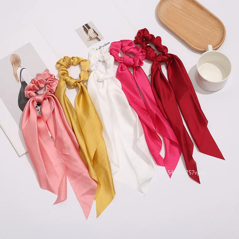 Fashion Solid Color Bow Satin Long Ribbon Ponytail Scarf Hair Tie Scrunchies Women Girls Elastic Hair Bands Hair Accessories