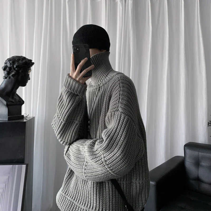 Sweater lengan panjang pria, baju hangat gaya Korea leher gulung, lengan panjang, Pullover Turtleneck kasual musim gugur dan dingin