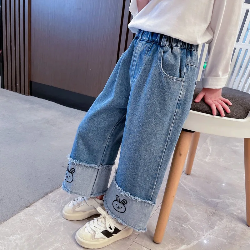 2024 New Spring Girls\' Pants Foreign Style To Wear Girls Baby Fried Street Spring and Autumn Children Jeans Wide-leg Pants