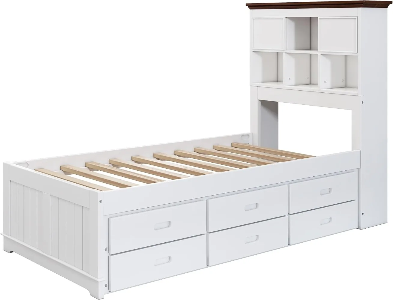 Cama doble capitana con nido y cajones de almacenamiento, cama con plataforma de madera con cabecero de estantería, estructura de cama blanca con listones