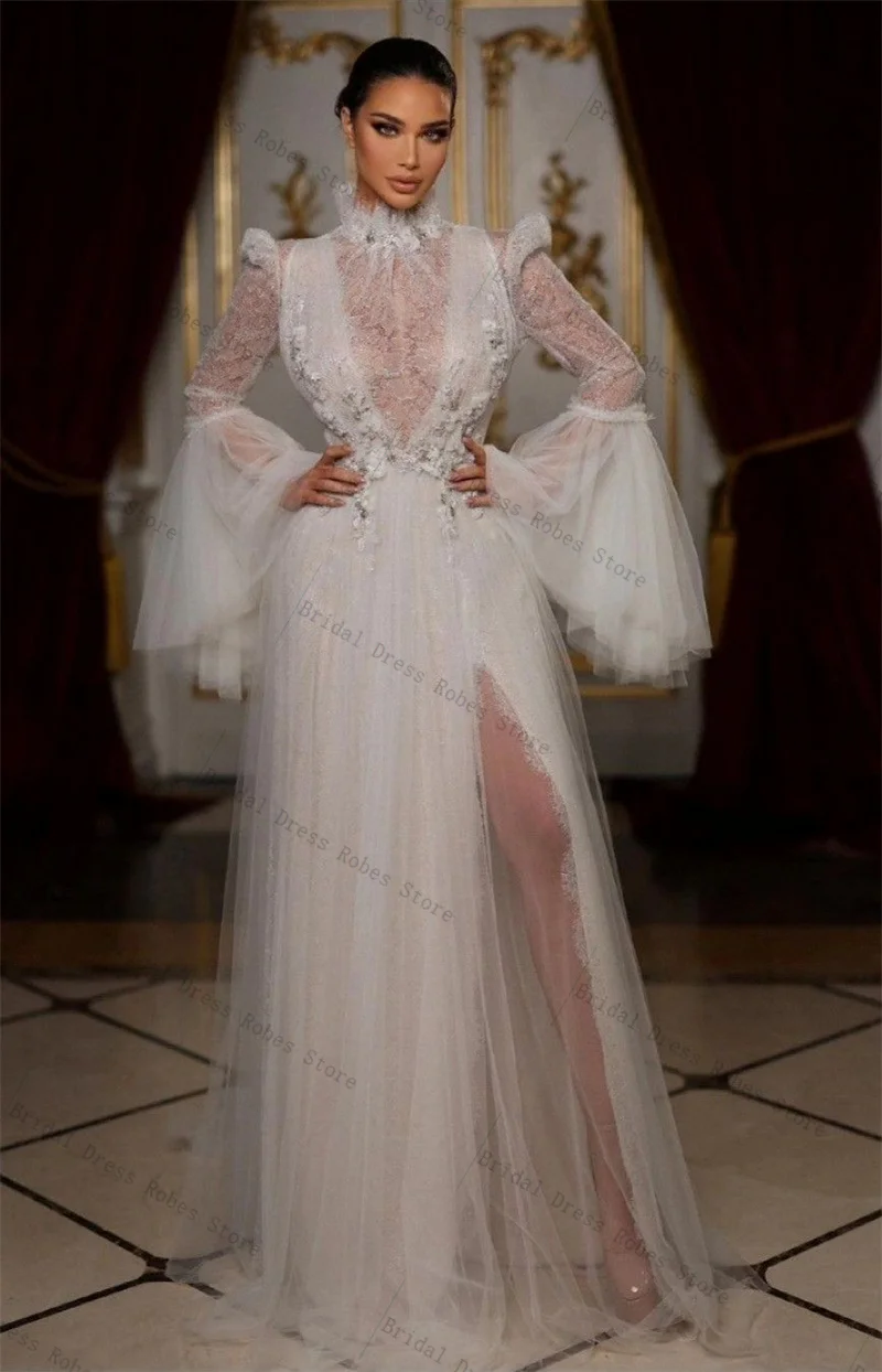 

White Women Prom Dress For Photo Shoot Appliqued High Neck Full Sleeves Bridal Morning Robe Customized Tulle Long Party Gown