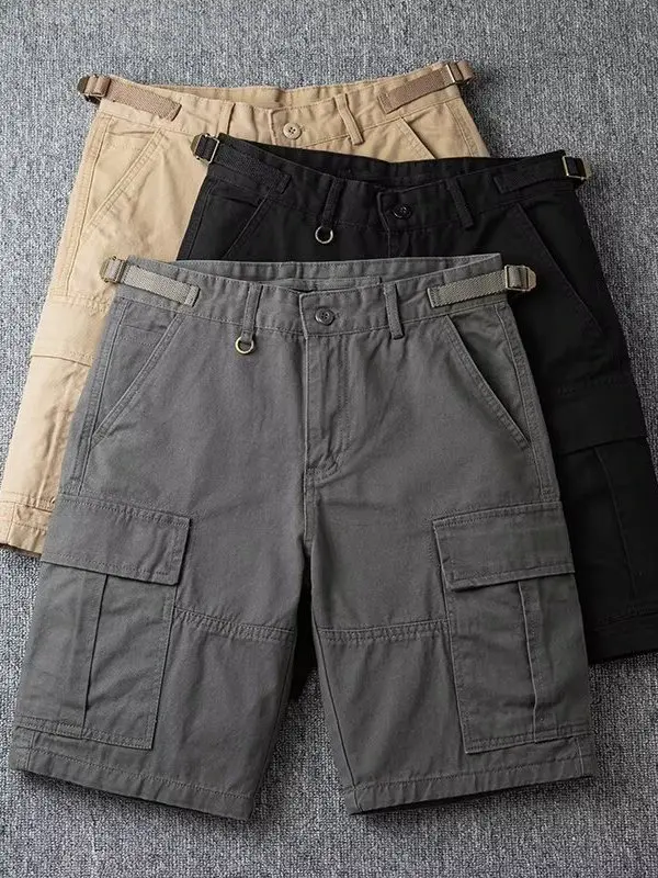 Heavyweight Cotton Workwear Style Multi-Pocket Shorts Men's Retro  Color Outdoor Casual Mid-Length Trendy Five-Quarter P...