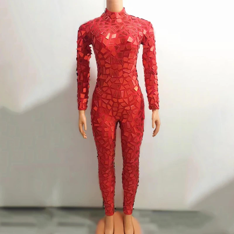 Red Mirrors sparkly Skinny Sequins Bodysuit Jumpsuit Nightclub Female Singer Pole Dance Clothing Stage Show Rave Outfit