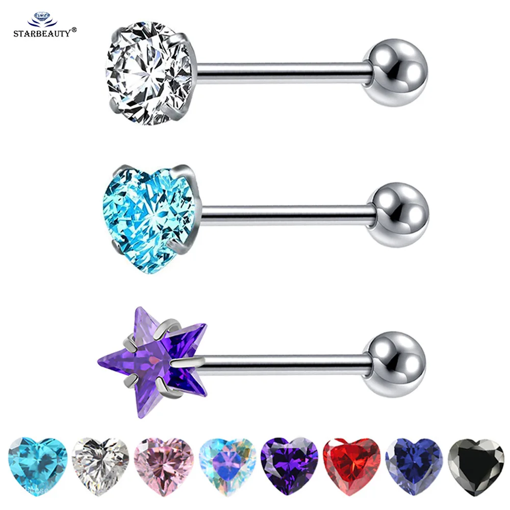 1 قطعة كريستال ستار جولة القلب اللسان ثقب المجوهرات الزركون الحديد حلقات اللسان الفولاذ المقاوم للصدأ الصناعية ثقب الكرة النهاية