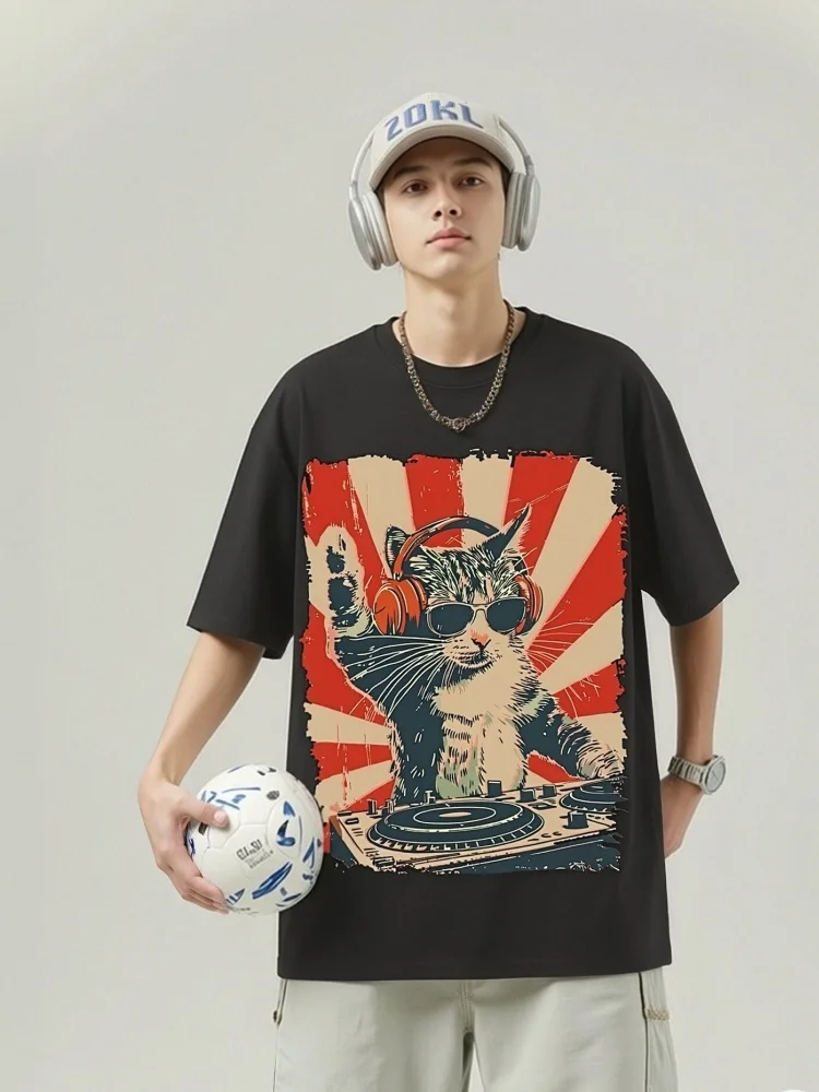 

Korean Fashion Cotton T-shirts Casual Loose Short Sleeve Round Neck Summer Tops Men's Cool Cat DJ Poster Showa Retro Clothings