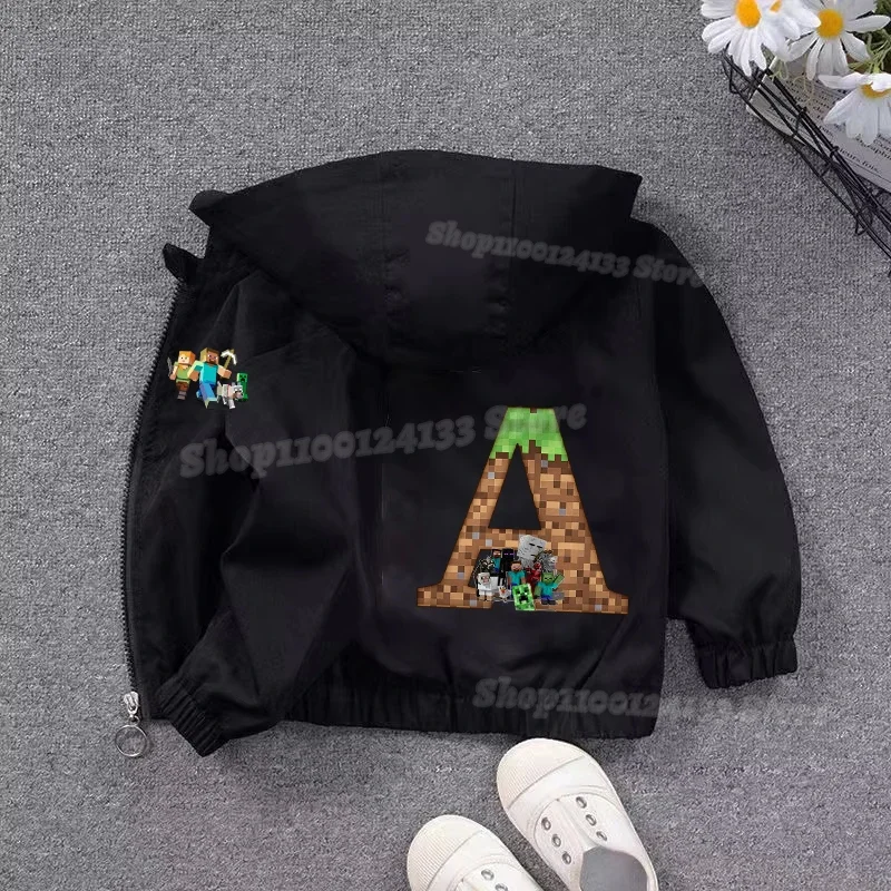 

Mined Crafts Pixel Game Kids Hooded Jacket Sweatshirt Cute Letters A-Z Anime Print Boy Baby Windbreaker Long Sleeve Tops Clothes