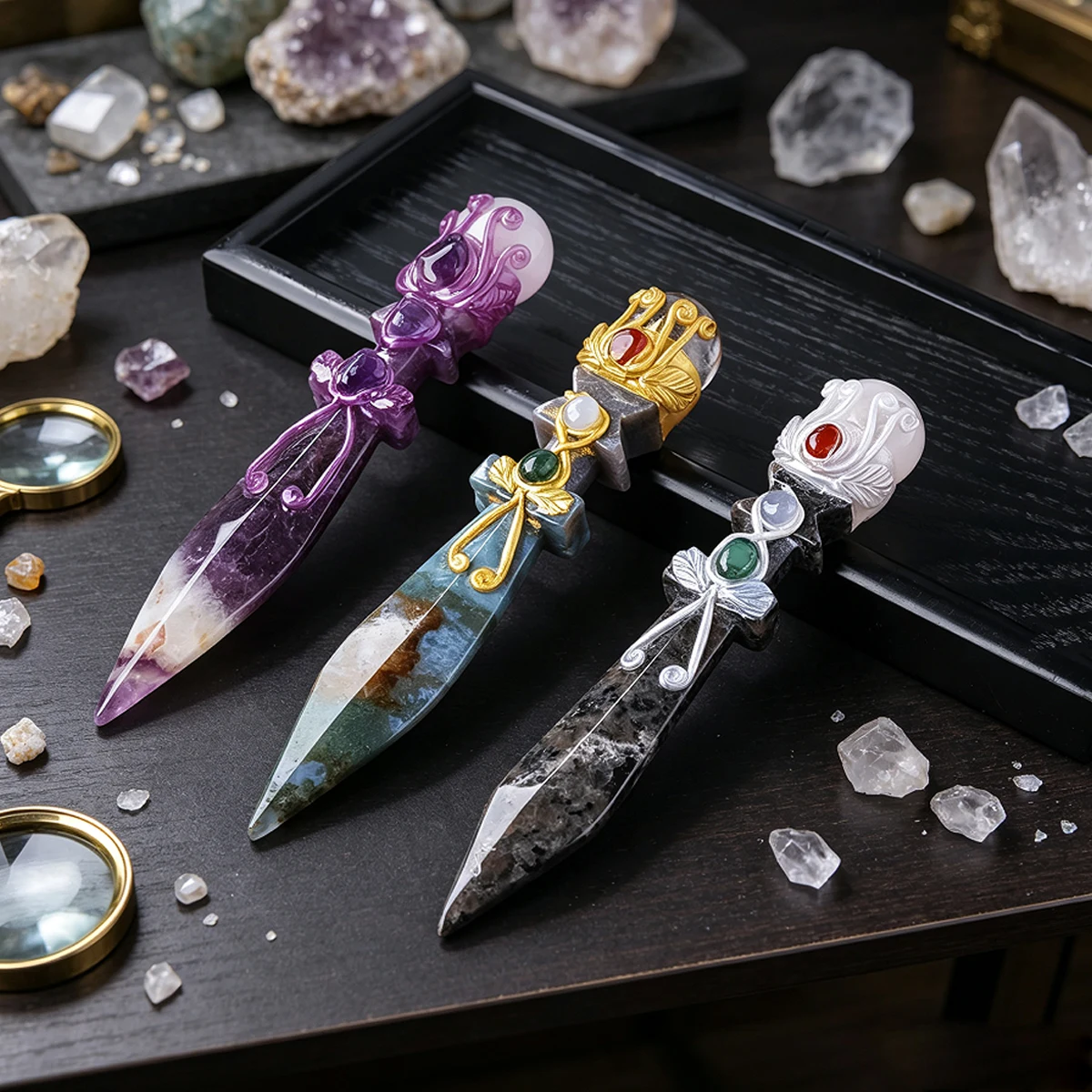 1PC Natural Amethyst & Obsidian Crystal Ball Unbladed Knife Model – Reiki Energy Healing, Polished Crystal Artwork, Original Des