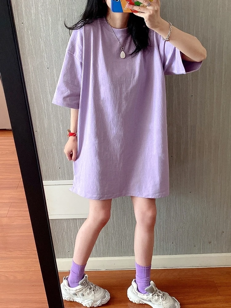 

Amy Dongda Gate Oversize Цветная свободная футболка средней длины ort Sve Женская повседневная футболка в нескольких цветах