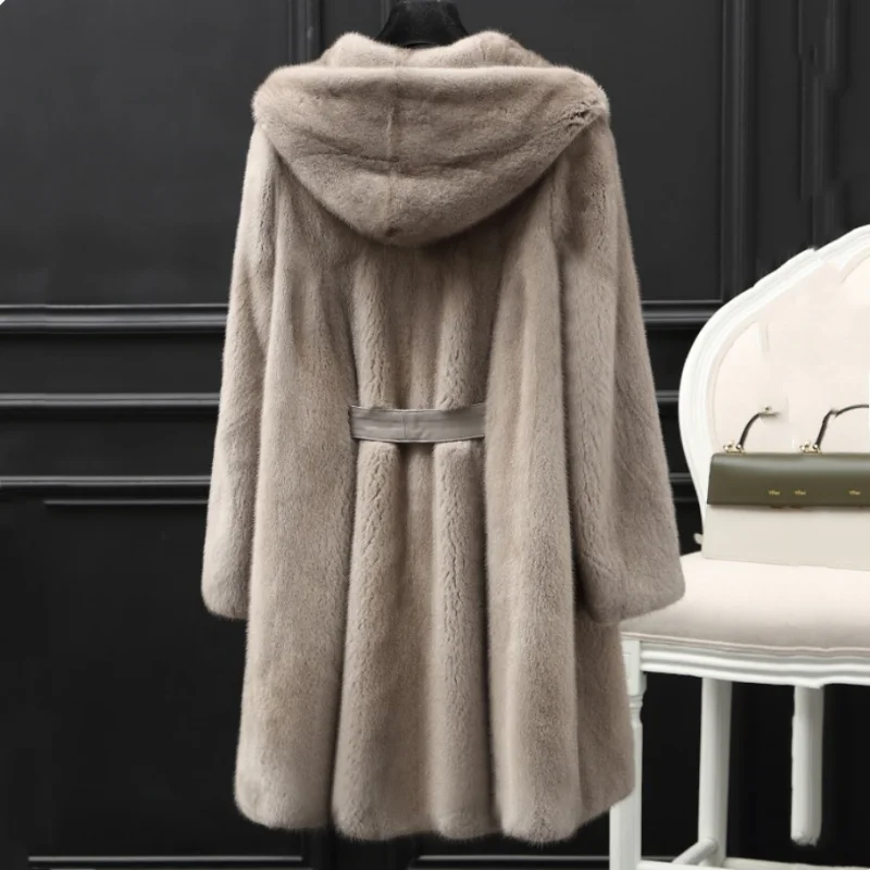 2024 New Real Natural Mink Whole Fur Women Long Coat With Hood  Winter Thick Slim Warm Female Mink Fur Hood Jacket