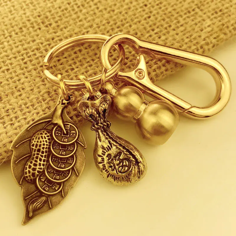 Stall Small Commodity Car Key Ring Pendant Copper Gourd Dustpan Plow Harrow Lucky Bag Purse Overnight Fortune Key Chain