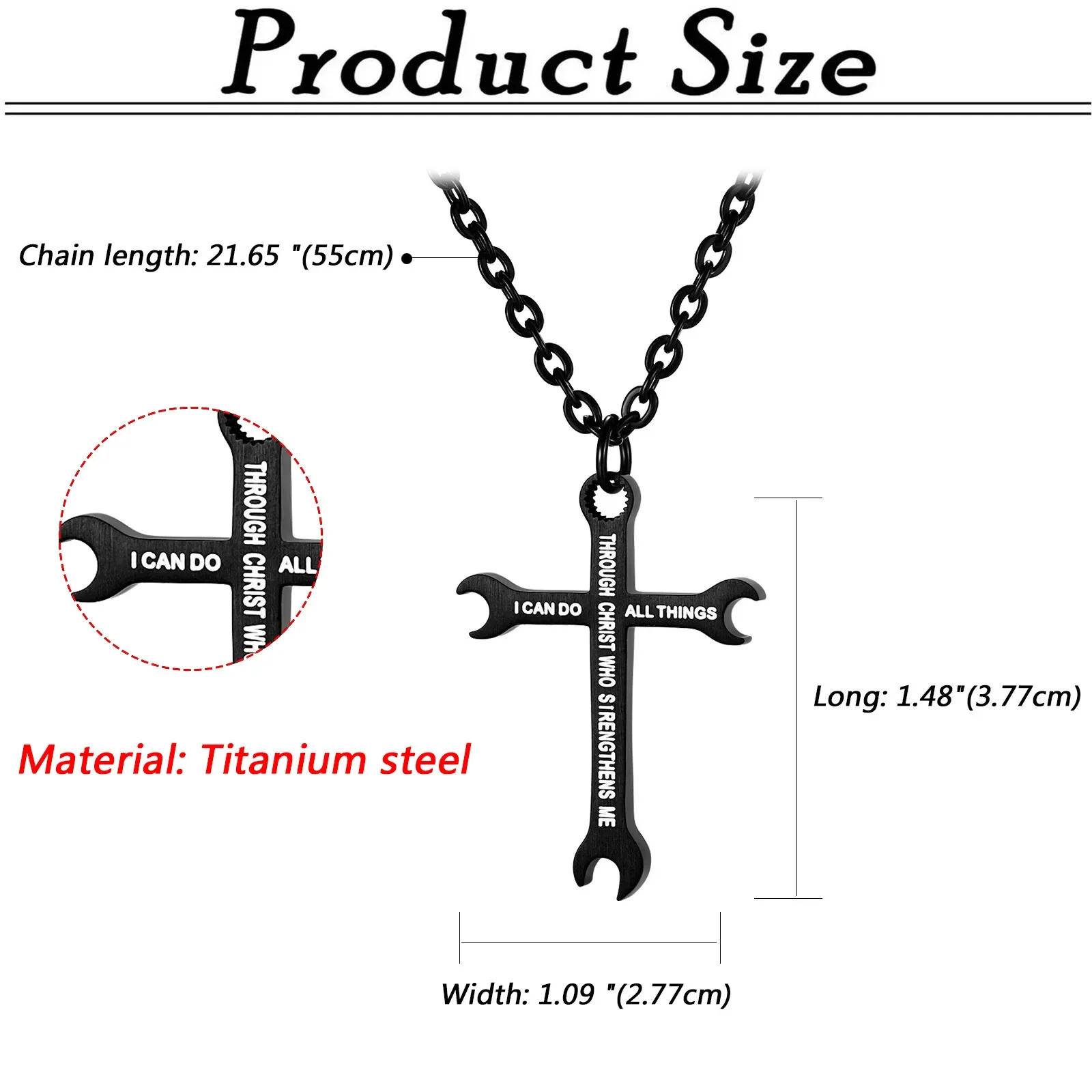 Wrench Philippians 4:13 Cross Bible Prayer Pendant Titanium Steel Necklace 22in view 5