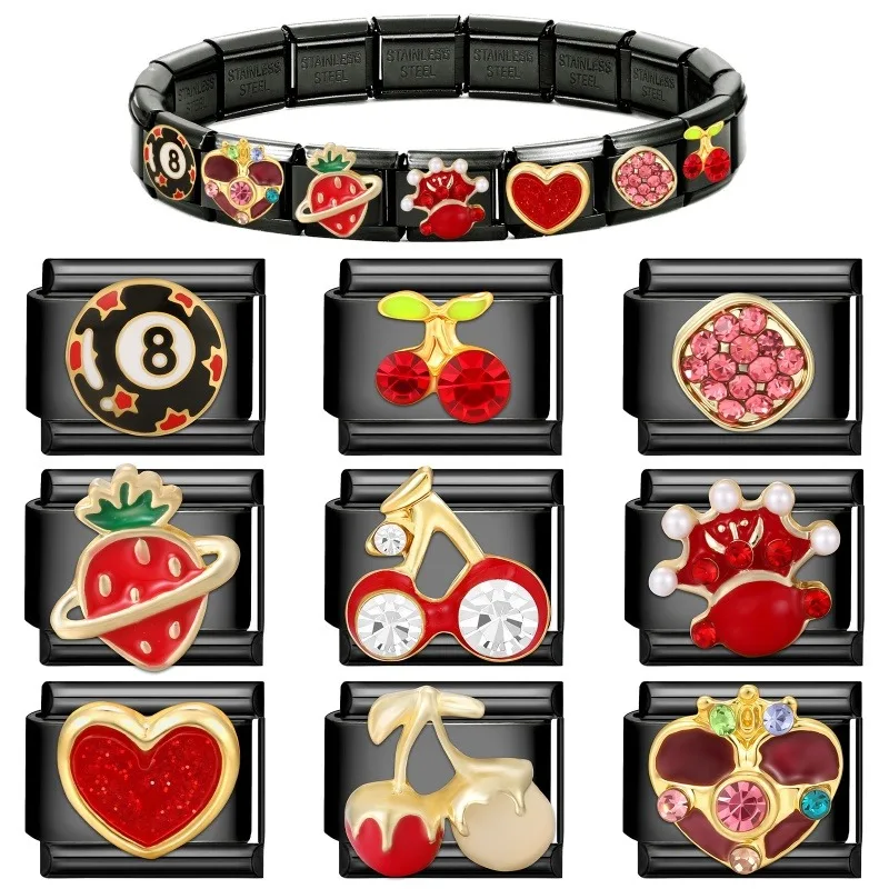 2025 New Original Black Red Stars Love Heart Bows Flower Italian Charm Link fit 9mm Stainless Steel Jewelry DIY Making Bracelets image 3