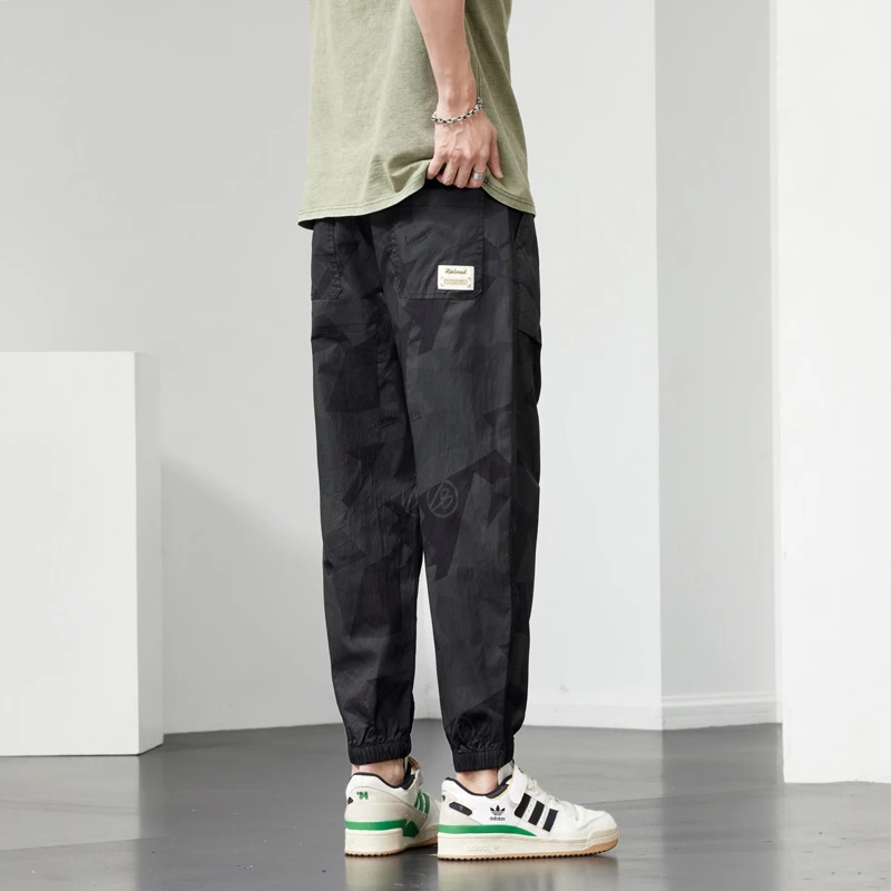 2024 Spring Summer Camouflage Cargo Pants for Men Loose Fit Straight Leg Cuff Trousers