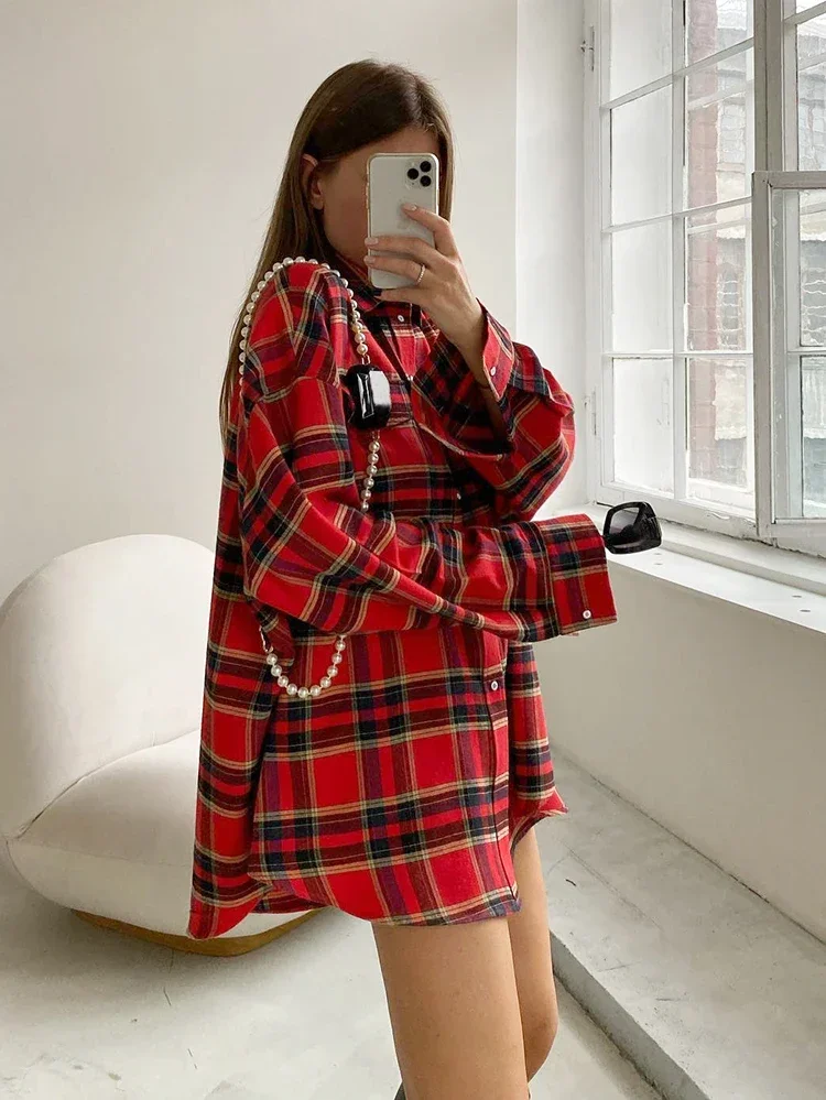 Mnealways18 Bright Gingham Oversized Shirts For Women Street Style Casual Shacket Blouses And Tops Single-Breasted Spring 2024