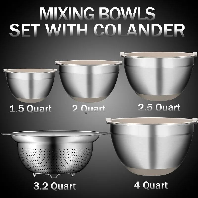 Mixing Bowl Set with Colander, Stainles Steel Mixing Metal Mixing Bowls with Strainer, Non-Slip Bottoms, 5-Piece - Beige